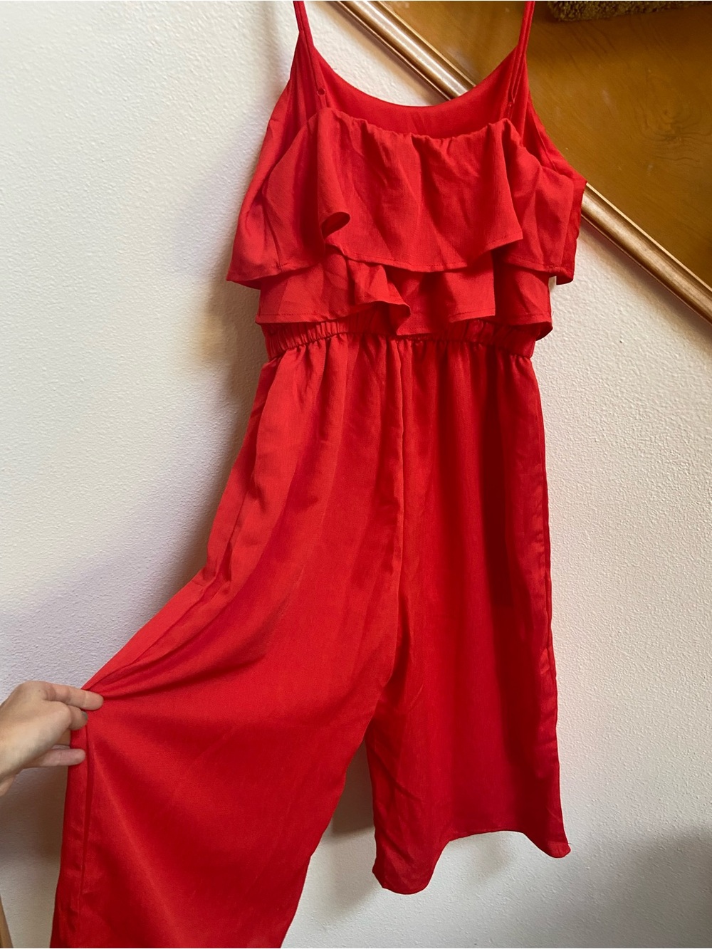 One Clothing Red Wide Leg Jumper with Ruffled Bodice like new women's size M